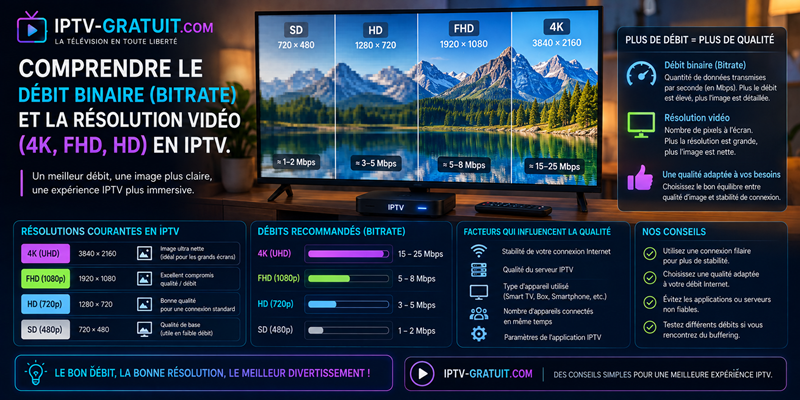 Comprendre le débit binaire (Bitrate) et la résolution vidéo (4K, FHD, HD) en IPTV